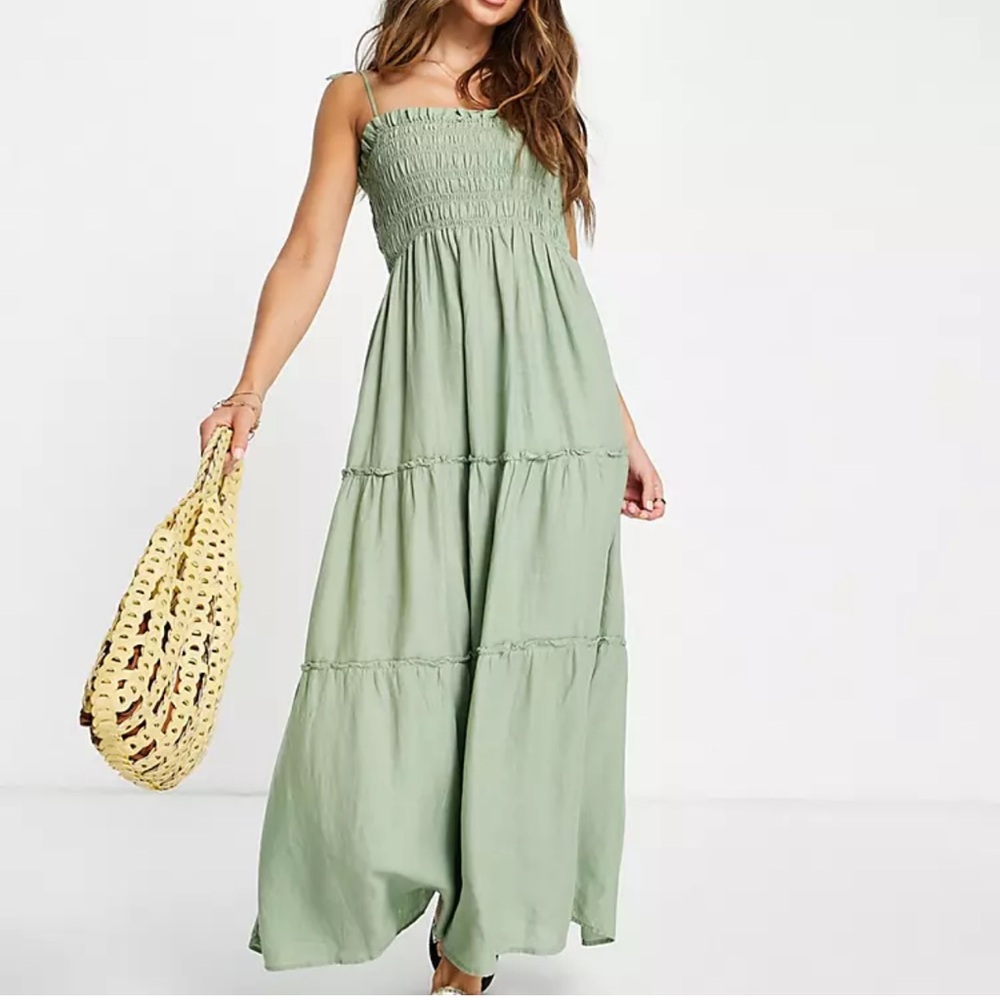 Mango tie detail shirred poplin midi dress in‎ khaki size XL NWOT